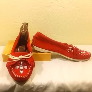Minnetonka Moccasins Red with White Stitching Fringe and Beading (Size 8 1/2)